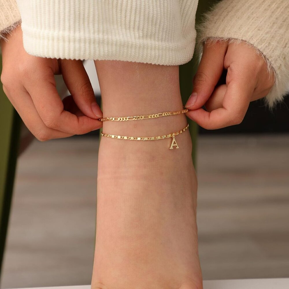 Initial Ankle Bracelets for Women,Layered Waterproof Anklet for Women 14K Gold F - Picture 4 of 7